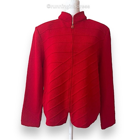 St. John Knits Garnet Red Wool Blend Santana Knit Tonal Stitched Jacket Size 12 - Picture 2 of 16